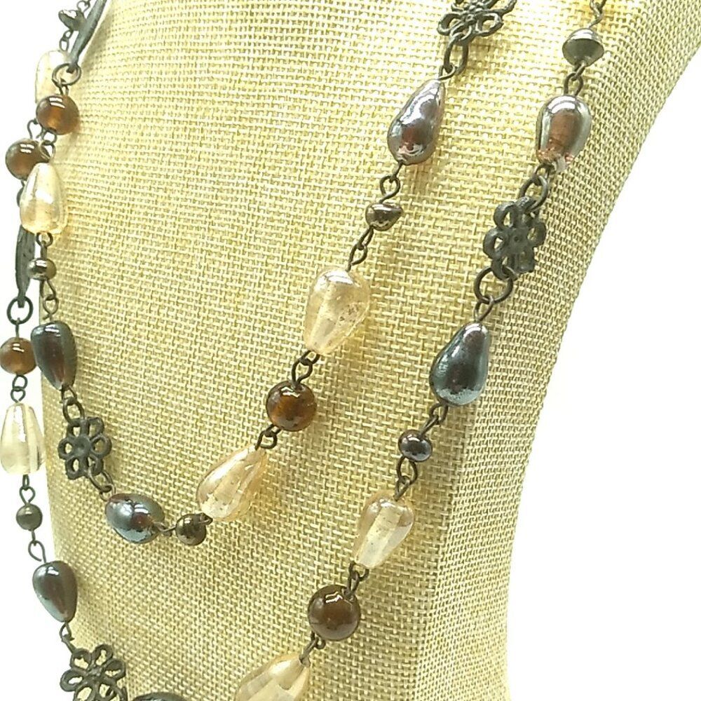 Vintage Long Single Strand Glass Beaded Necklace No Clasp Amber Brown Black